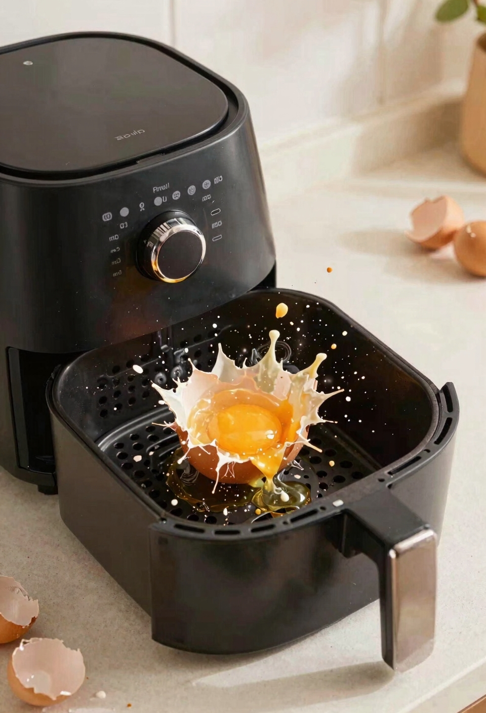 Whole eggs cracking from high heat inside an air fryer basket