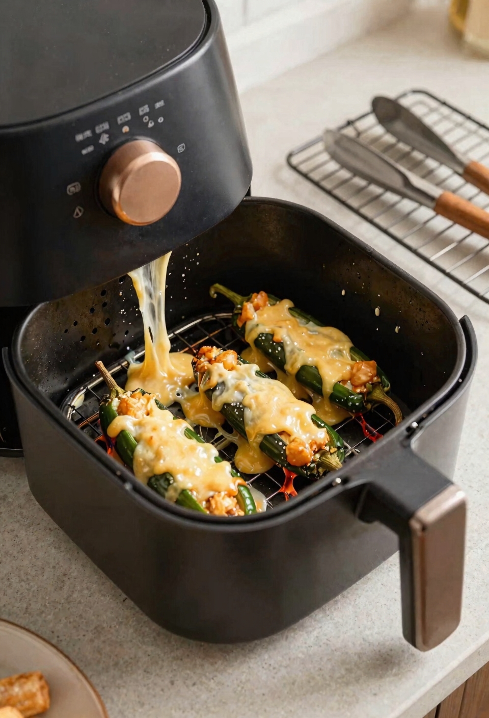 Melted cheese leaking from mozzarella sticks in an air fryer