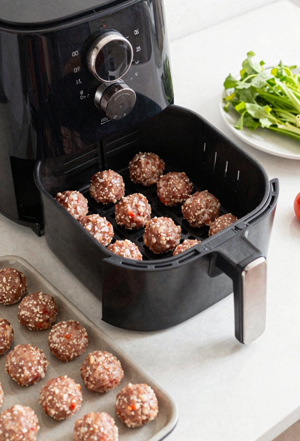preheat air fryer arrange meatballs