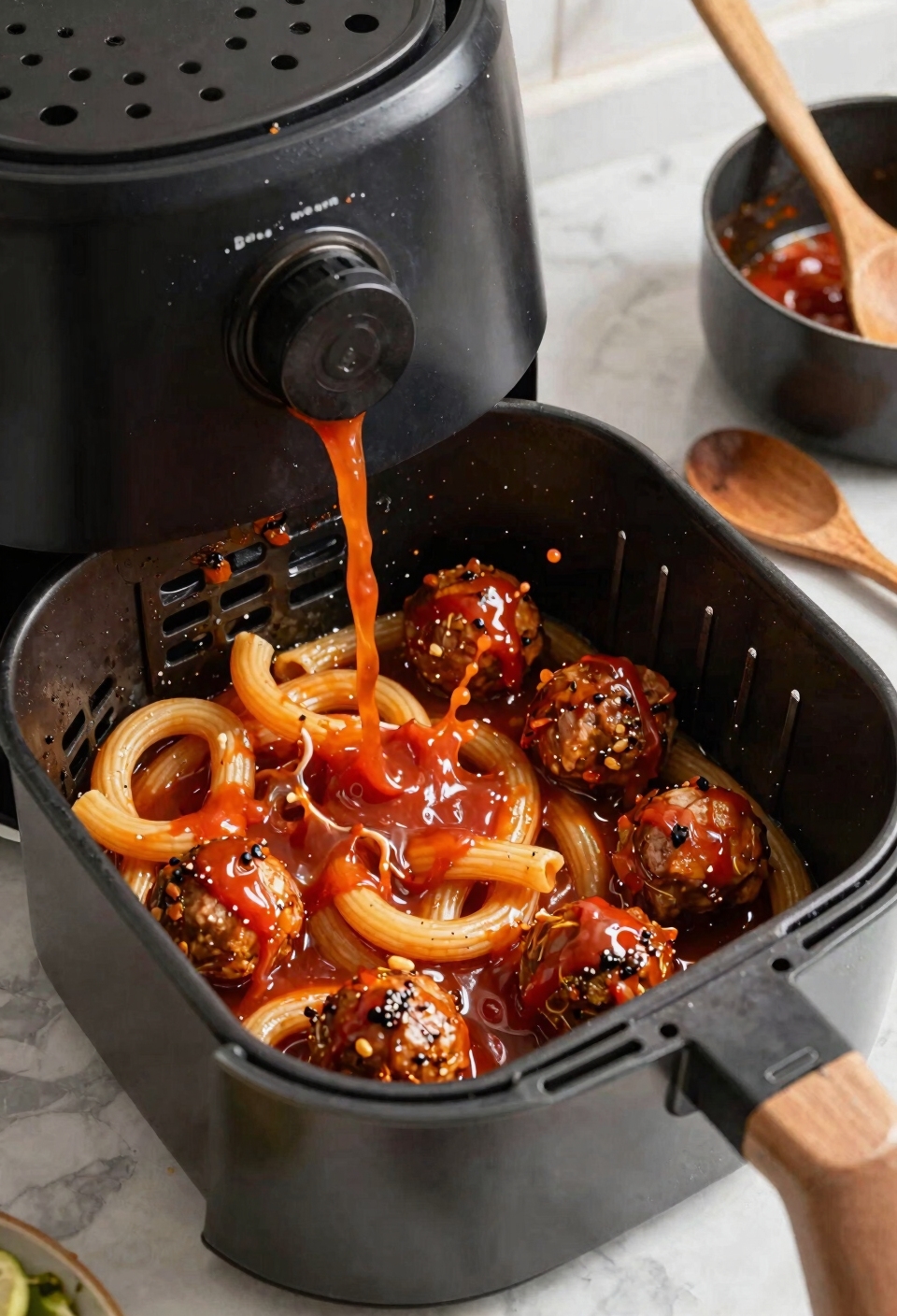 Sauce splattering inside an air fryer basket during cooking